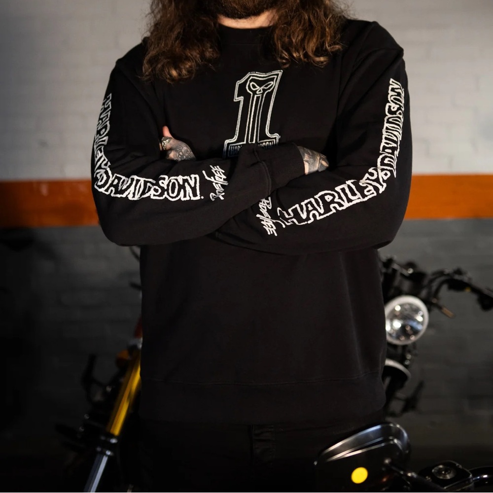 NWT Harley Davidson Willie G #1 Skull Sketch Crewneck Sweatshirt Size XS